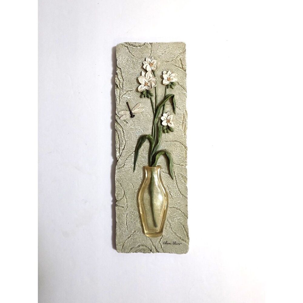VTG Cheri Blum 3D Resin White Flowers Vase & Dragonfly Wall Art Plaque 9"x 3"